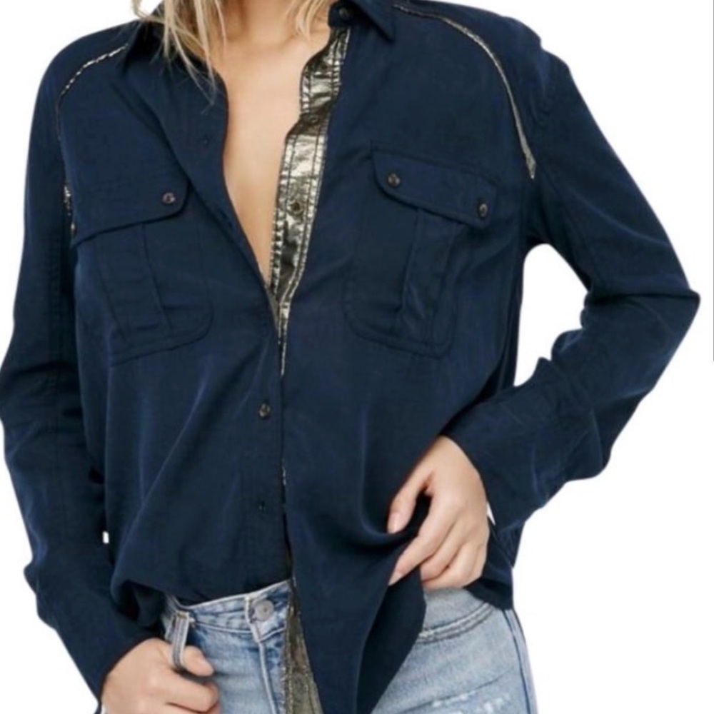 Free People Midnight Blue Shirt With Metallic Details In Size Large